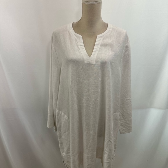 Lands End Women’s White Linen Beach Tunic V Neck Long Sleeve Pockets Mint Cond. - Picture 2 of 9